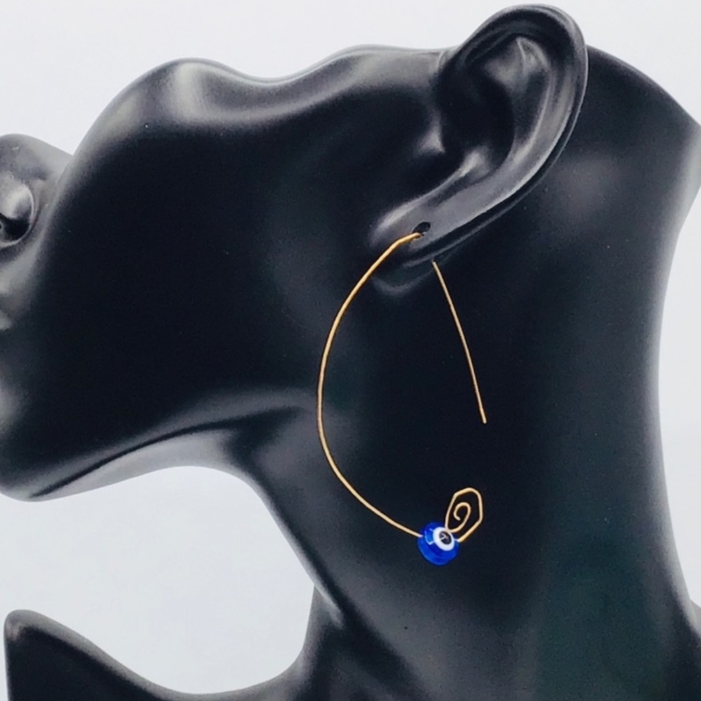 NEW Earrings Evil Eye Gold Tone Brass Spiral Ear Wire Wrap Blue Black Dainty